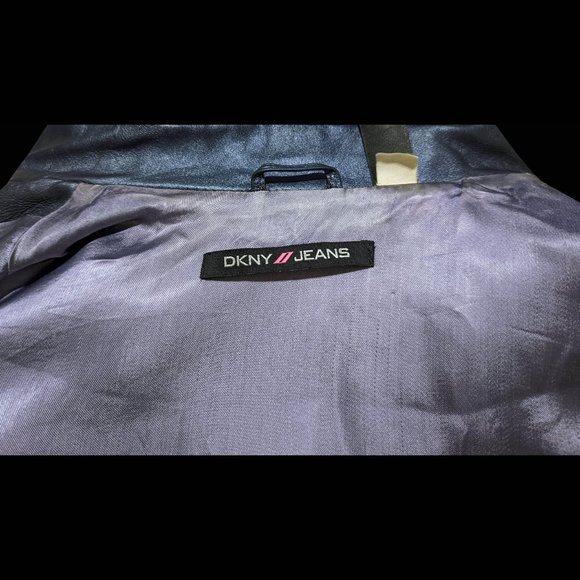 DKNY JEANS Size L *Metallic* Blue Gray L/S LEATHER Jacket, Lined & Denim-Style - Picture 5 of 5